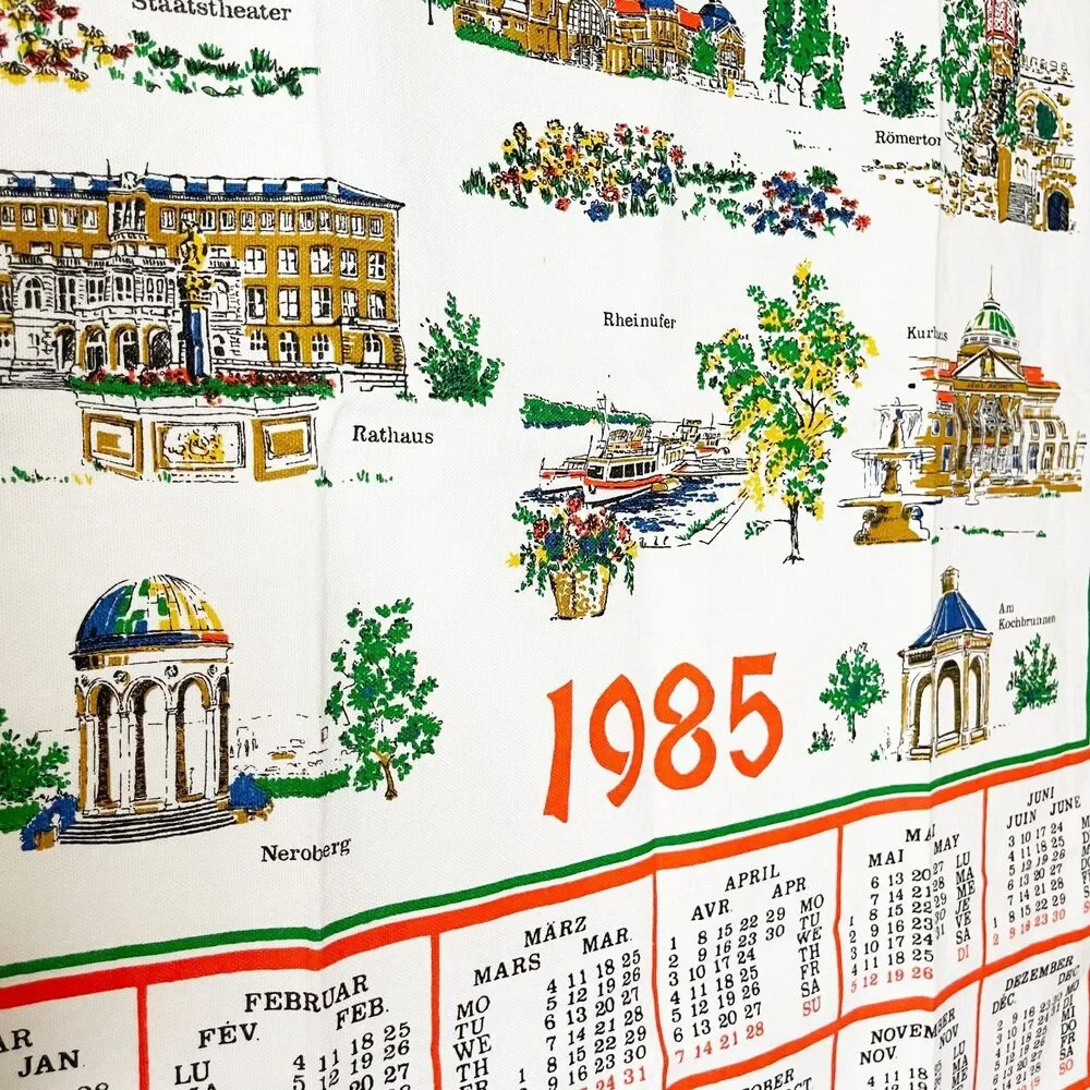 Vintage 1985 Wiesbaden Germany Tea Towel Calendar Souvenir Dish Towel Baumwolle